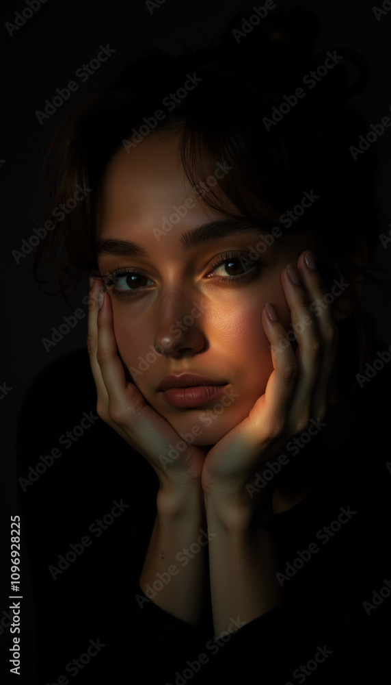 Moody Portrait of a Young Woman with Hands Framing Her Face, Highlighted by Warm Light and Soft Shadows on a Dark Background for Artistic Photography Moody Portrait of a Young Woman with Hands Framing Her Face, Highlighted by Warm Light and Soft Shadows on a Dark Background for Artistic Photography