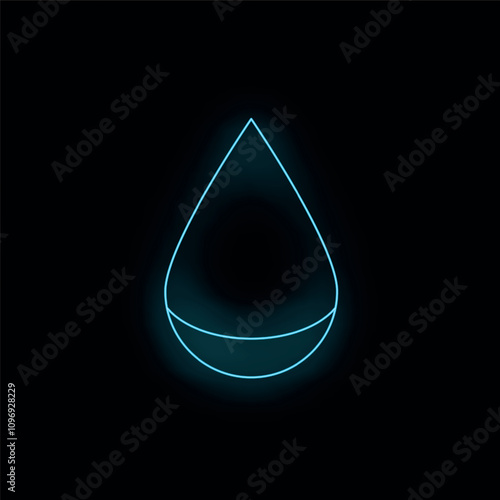 Glowing blue neon sign shaped like a water drop against a black background