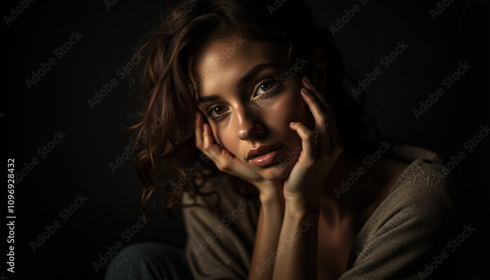 Moody Portrait of a Young Woman with Hands Framing Her Face, Highlighted by Warm Light and Soft Shadows on a Dark Background for Artistic Photography Moody Portrait of a Young Woman with Hands Framing Her Face, Highlighted by Warm Light and Soft Shadows on a Dark Background for Artistic Photography