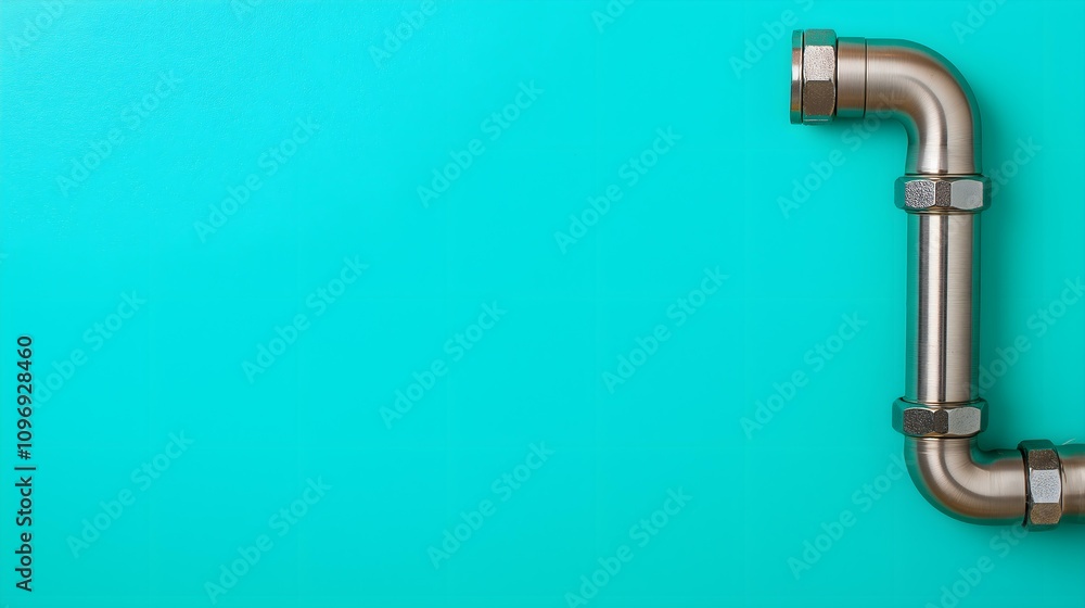 A close-up of a metallic pipe fitting against a vibrant turquoise background, showcasing industrial craftsmanship and design. A close-up of a metallic pipe fitting against a vibrant turquoise background, showcasing industrial craftsmanship and design.