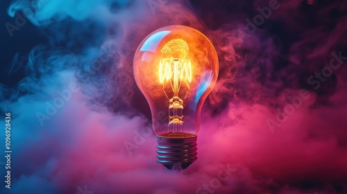 Glowing light bulb with vibrant pink and purple smoke effect, creative energy concept, colorful artistic design, atmospheric background, innovation and imagination, dynamic lighting element