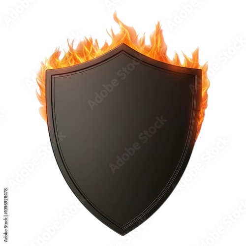 A black shield engulfed in flames, symbolizing protection and intensity, with a smooth surface ready for customization or branding. photo