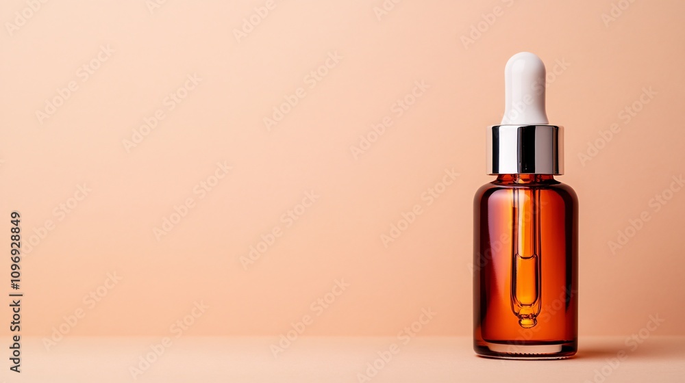 Amber glass dropper bottle on a pastel background Amber glass dropper bottle on a pastel background
