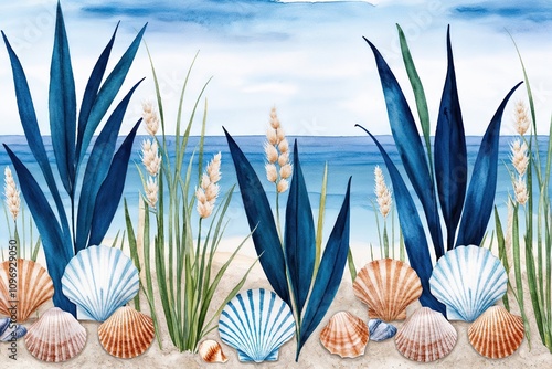 Watercolor Nautical Border with Deep Ocean Blue Leaves Sea Oats Shell Flowers and Dolphin Grass photo