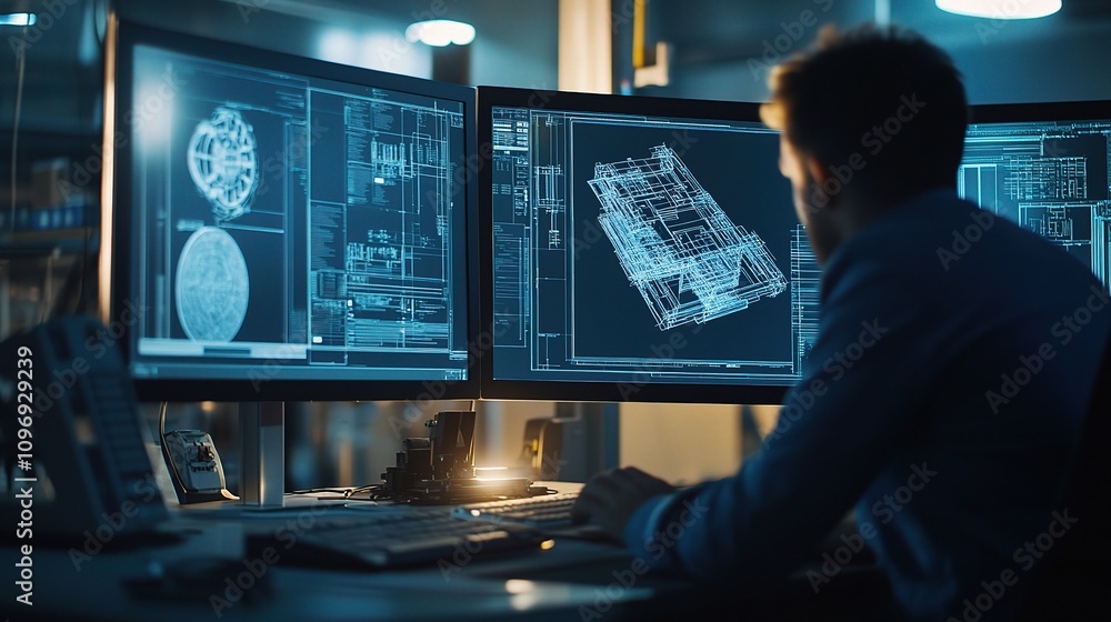 Engineer Deeply Engrossed in CAD Design Session with Multiple Monitors Engineer Deeply Engrossed in CAD Design Session with Multiple Monitors