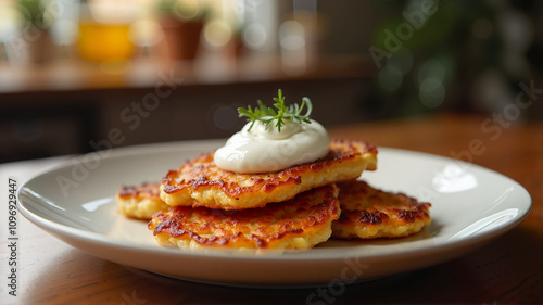 Plate of latkes with sour cream garnish for Hanukkah meal photo