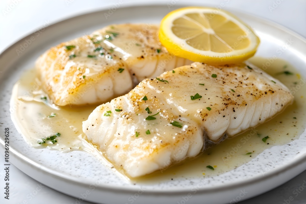Filets de poisson au beurre blanc on a sleek white plate, topped creamy sauce, resting on a modern kitchen worktop Filets de poisson au beurre blanc on a sleek white plate, topped creamy sauce, resting on a modern kitchen worktop