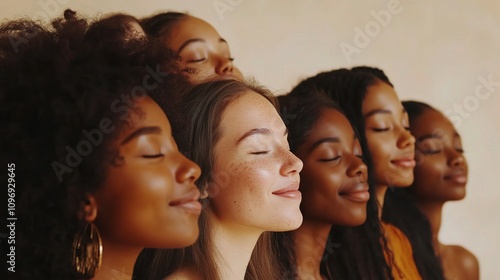 Diverse Group of Ethnic Women Smiling with Closed Eyes in Harmony