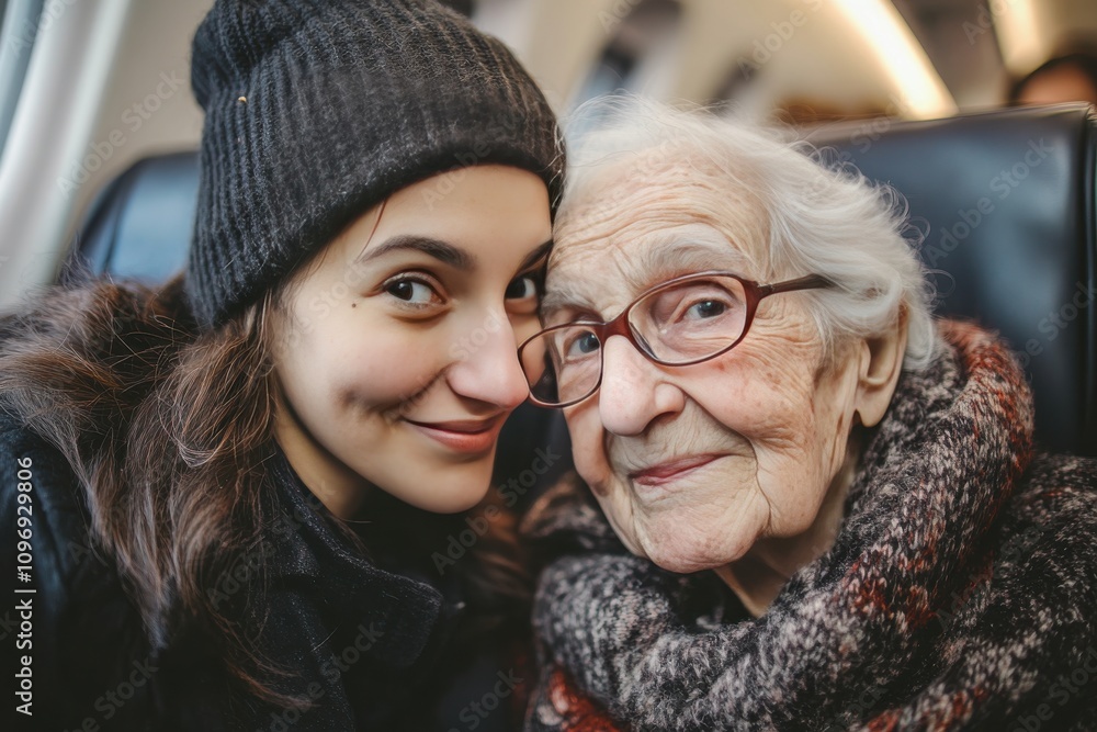 Caring Stewardess Assisting Elderly Passenger with Kindness Caring Stewardess Assisting Elderly Passenger with Kindness