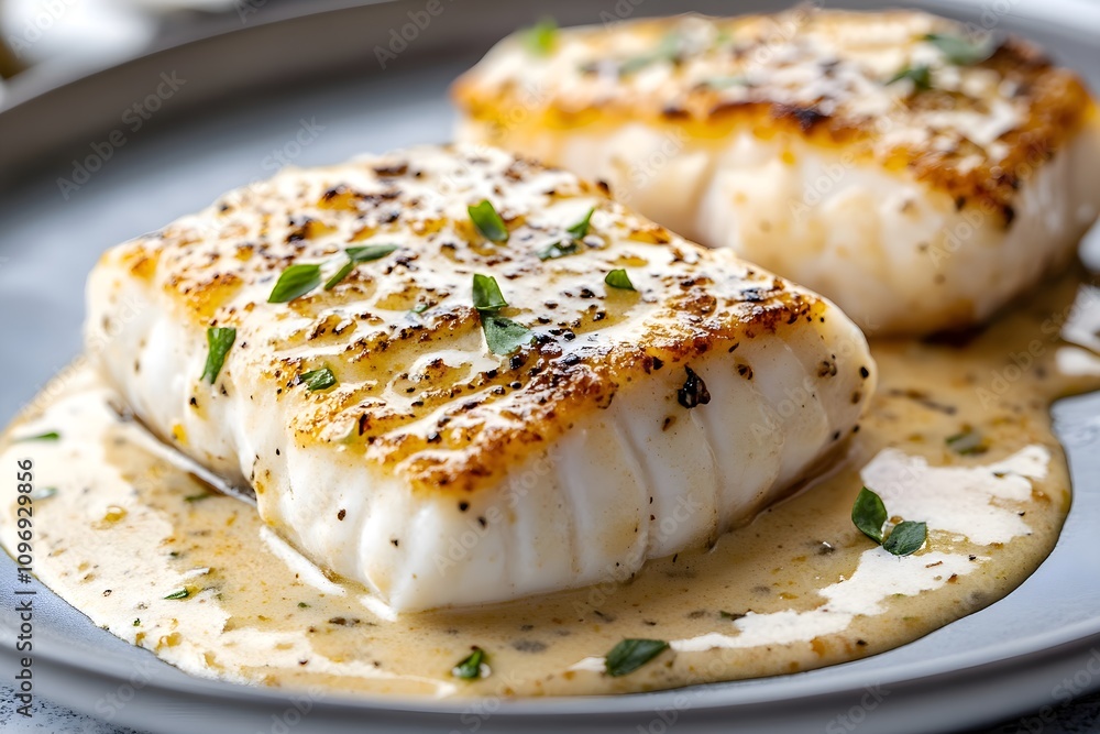 Filets de poisson au beurre blanc on a sleek white plate, topped creamy sauce, resting on a modern kitchen worktop Filets de poisson au beurre blanc on a sleek white plate, topped creamy sauce, resting on a modern kitchen worktop