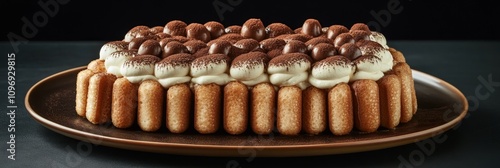 Decadent Tiramisu Cake: Ladyfingers, Cream, and Cocoa - Indulgent tiramisu cake, crafted with ladyfingers, creamy mascarpone, rich espresso, and dusted cocoa.  A delightful dessert, perfect for celebr photo