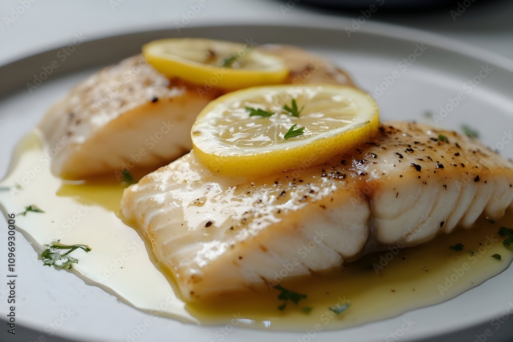 Filets de poisson au beurre blanc on a sleek white plate, topped creamy sauce, resting on a modern kitchen worktop Filets de poisson au beurre blanc on a sleek white plate, topped creamy sauce, resting on a modern kitchen worktop