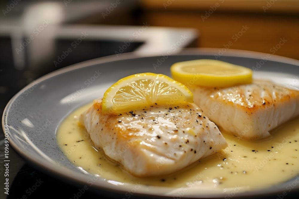 Filets de poisson au beurre blanc on a sleek white plate, topped creamy sauce, resting on a modern kitchen worktop Filets de poisson au beurre blanc on a sleek white plate, topped creamy sauce, resting on a modern kitchen worktop