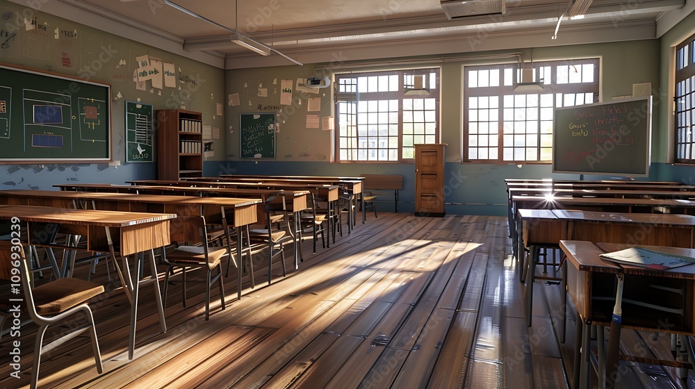 A clean and organized classroom interior featuring rows of desks, chairs, and a large chalkboard, ready for students and learning.
A clean and organized classroom interior featuring rows of desks, chairs, and a large chalkboard, ready for students and learning.