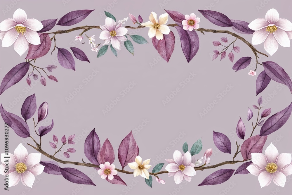 Fototapeta premium Watercolor Seamless Border Design with Playful Mauve Leaves Cherry Blossoms Daisies and Magnolias for Baby Shower Invitations and Crafts