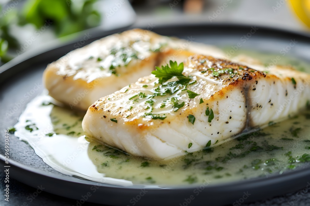 Filets de poisson au beurre blanc on a sleek white plate, topped creamy sauce, resting on a modern kitchen worktop Filets de poisson au beurre blanc on a sleek white plate, topped creamy sauce, resting on a modern kitchen worktop