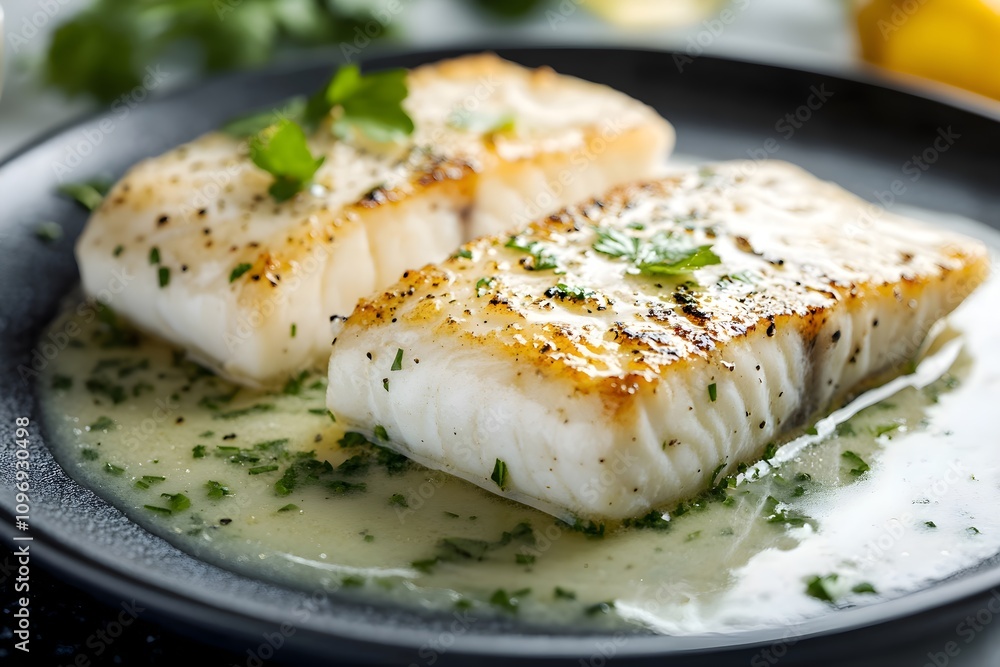 Filets de poisson au beurre blanc on a sleek white plate, topped creamy sauce, resting on a modern kitchen worktop Filets de poisson au beurre blanc on a sleek white plate, topped creamy sauce, resting on a modern kitchen worktop