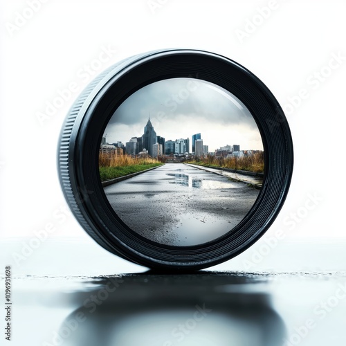 A lens capturing the reflection of a cityscape on a rain-soaked street, creating a mesmerizing abstract pattern