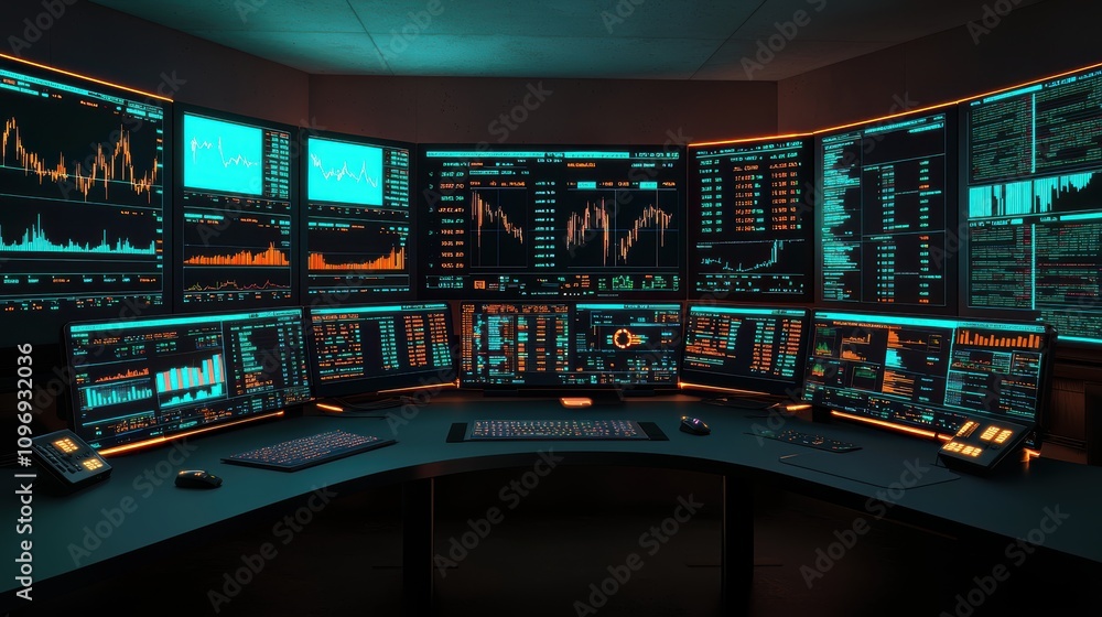 A multi-screen trading setup with stock charts, financial indicators, and risk dashboards glowing in the dark A multi-screen trading setup with stock charts, financial indicators, and risk dashboards glowing in the dark