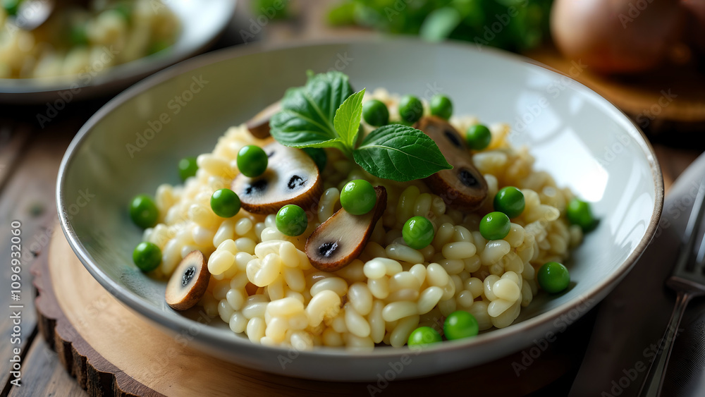 Delicious Creamy Mushroom Risotto in Elegant Setting Delicious Creamy Mushroom Risotto in Elegant Setting