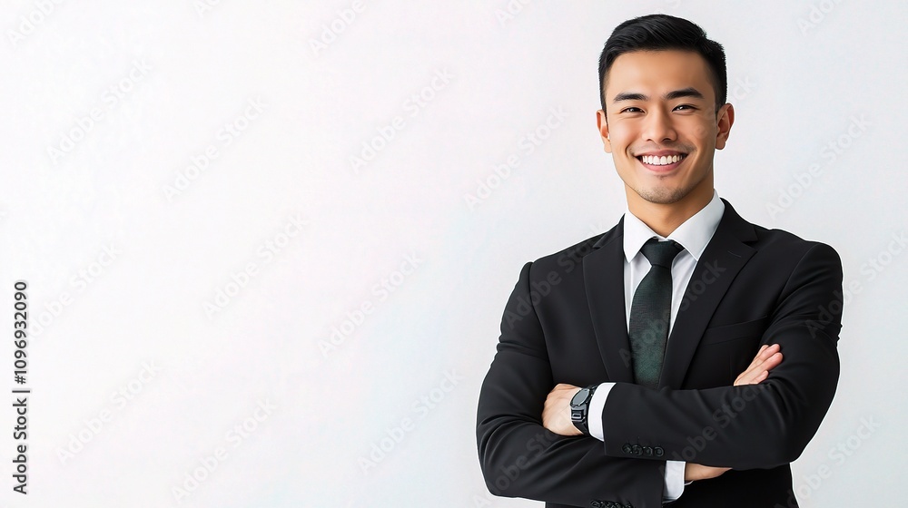 Smiling Businessman with Crossed Arms in Professional Attire Smiling Businessman with Crossed Arms in Professional Attire