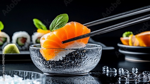 Oshizushi salmon cooled in the ice bowl on black background. Japanese cuisine, seafood and molecular culinary concept. Close-up food shot for poster, menu, advertising, design