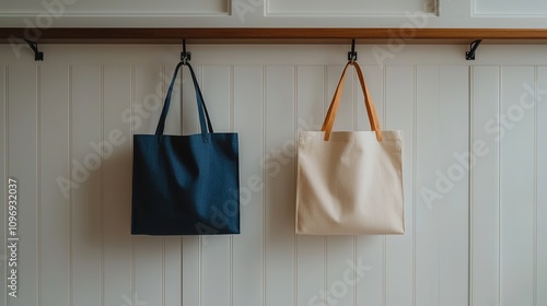 Two stylish tote bags, one dark blue and one light beige, are hanging on hooks against a minimalistic wood-paneled wall. photo