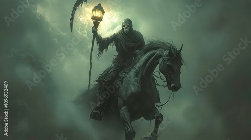 A skeletal figure rides a black horse through a stormy sky, wielding a scythe and a lantern.