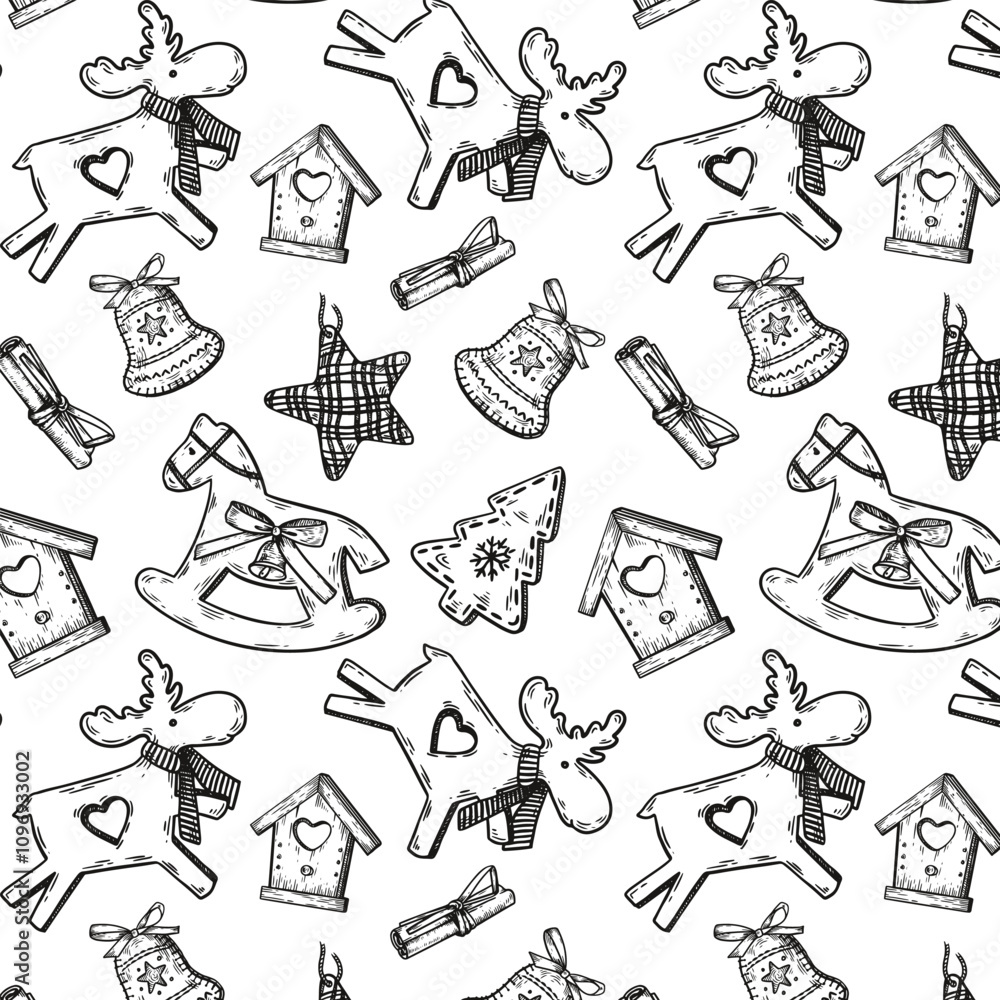 Fototapeta premium Line art Christmas and New Year pattern with toys. Wrapped Christmas paper