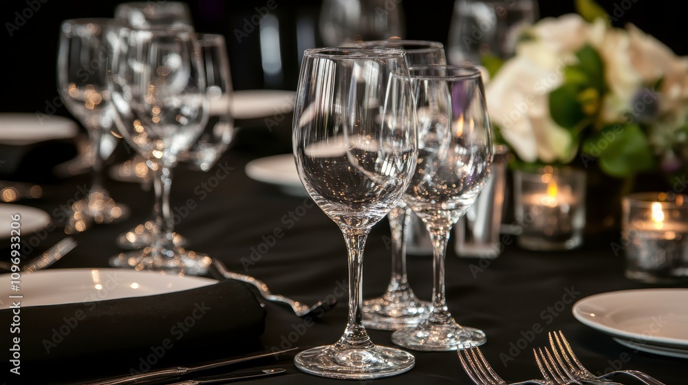Elegant Event Table Setting with Flute Glasses and Bubbles Elegant Event Table Setting with Flute Glasses and Bubbles