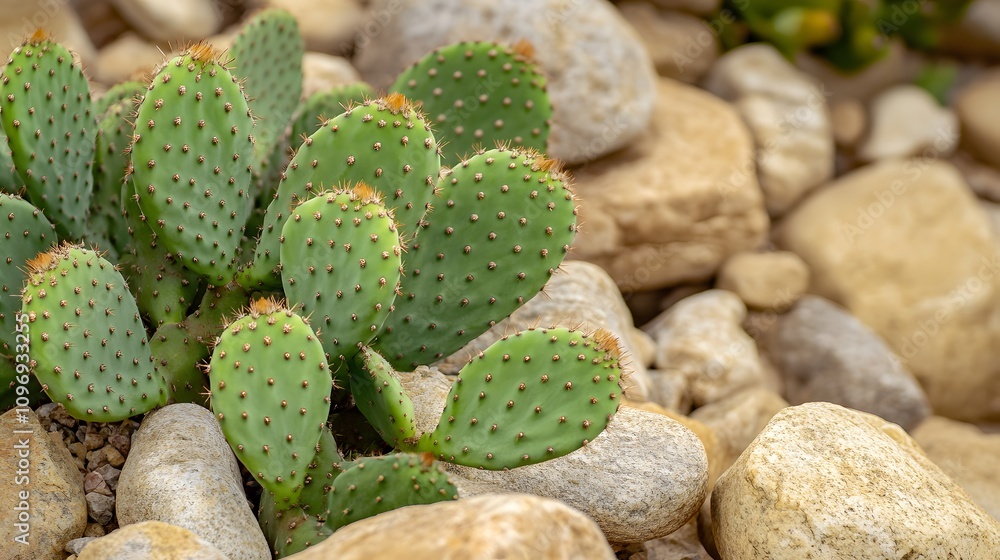 Close up of a green prickly pear cactus plant growing in a bed of small rocks.