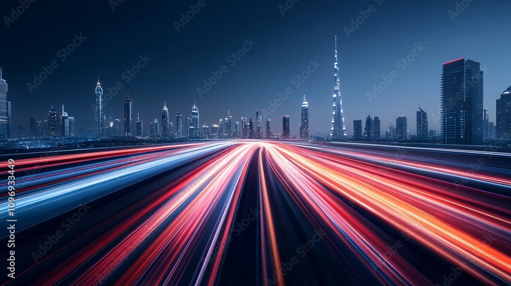 Fototapeta premium Dynamic city skyline with light trails at night