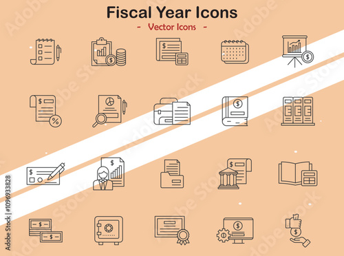 Icons illustrating fiscal year and budgeting themes in vector style