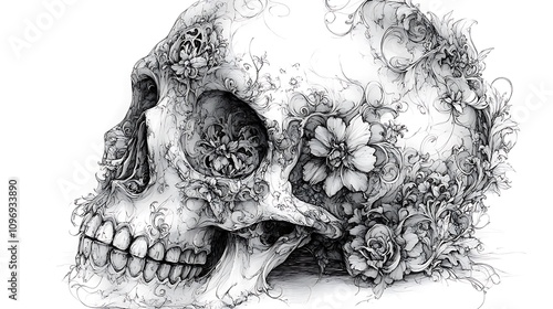 Wallpaper Mural Ornate skull drawing with floral details. Torontodigital.ca