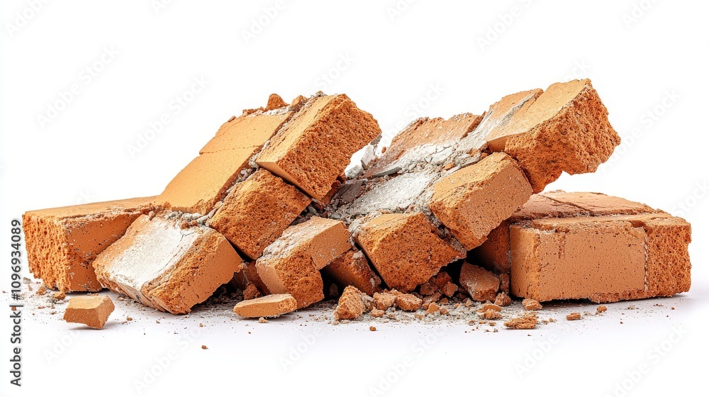 A pile of broken orange bricks scattered on a white surface. A pile of broken orange bricks scattered on a white surface.
