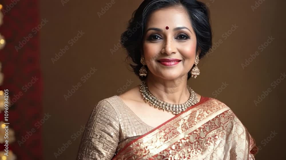 Elegant indian woman in traditional saree posing gracefully in a studio setting during an evening event Elegant indian woman in traditional saree posing gracefully in a studio setting during an evening event