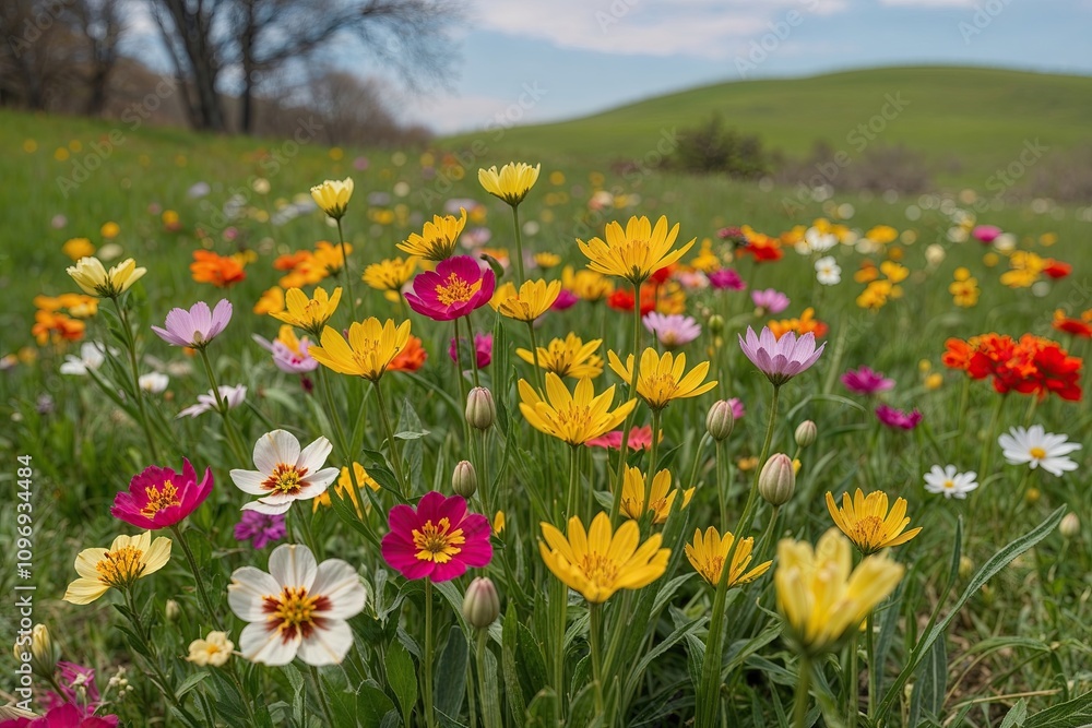 Fototapeta premium Vibrant Wildflowers Blooming in a Spring Meadow Landscape
