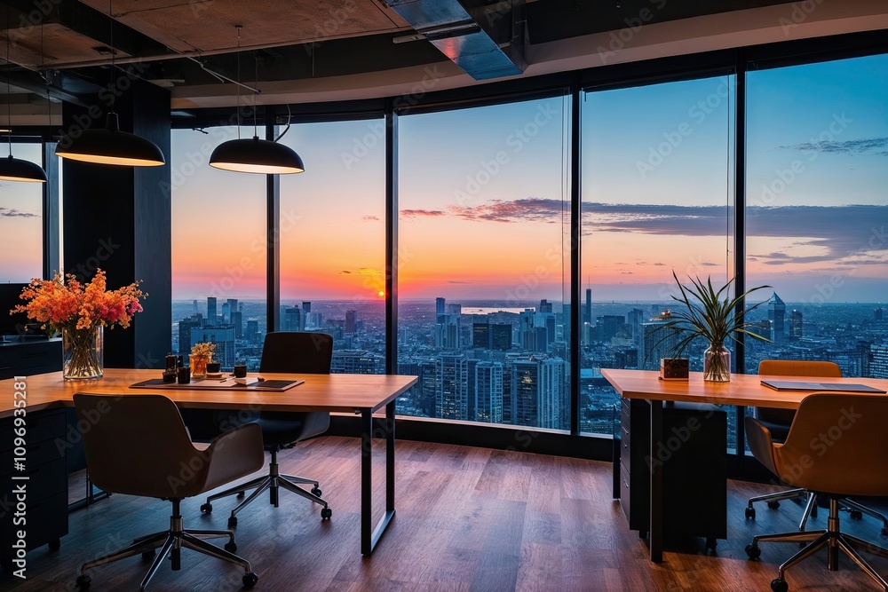 Elegant Office Ambience at Sunset with Stunning City View Elegant Office Ambience at Sunset with Stunning City View