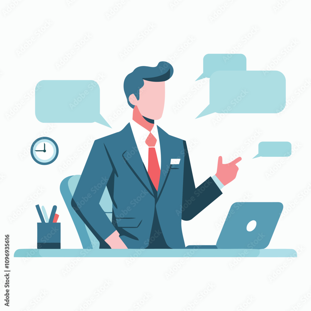 Businessman in Suit and Tie Sitting At Desk With Speech Bubbles Illustration. Businessman in Suit and Tie Sitting At Desk With Speech Bubbles Illustration.