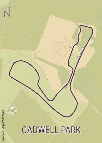 Cadwell Park Circuit, United Kingdom, map poster art, Car and motorbike race track winding through open park and woodland, hosting vintage classic events.