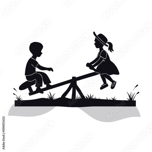a minimalist vector silhouette of two children playing on a seesaw