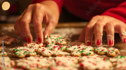 Woman making Christmas cookies with gingerbread dough in festive kitchen, happy hands preparing homemade pastry, traditional xmas dessert for holiday celebration, sweet winter baking with icing 