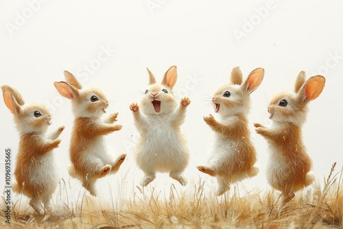 Obraz na płótnie a whimsical illustration captures a group of rabbits standing on their hind legs, playfully interacting against a white background, creating a lighthearted and charming scene w salonie