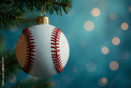 Close up of a baseball ball hanging from a christmas tree, with an out of focus background and copy space