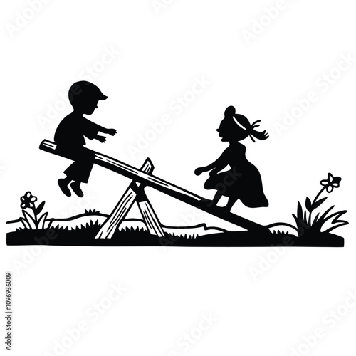 a minimalist vector silhouette of two children playing on a seesaw