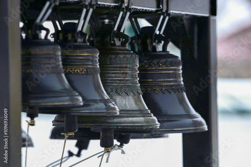 Bilde på lerret Ancient church tower big bell close up