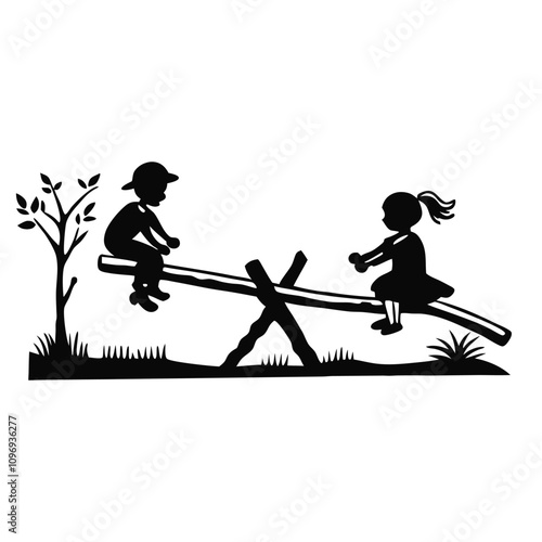 a minimalist vector silhouette of two children playing on a seesaw