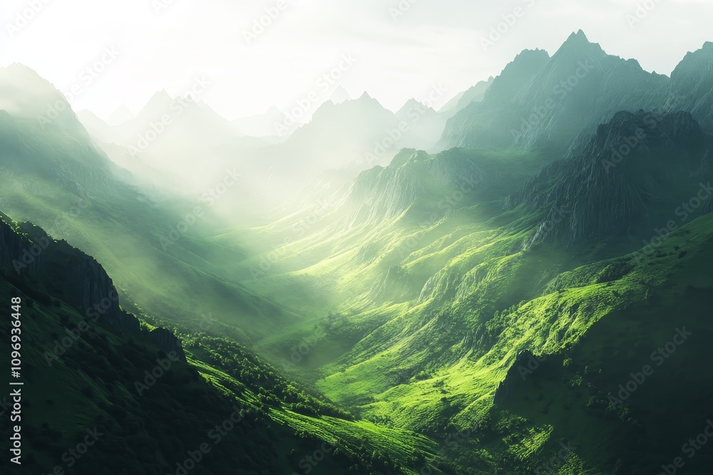 Lush Green Mountain Range at Sunrise - Serene misty mountain valley bathed in morning light, symbolizing peace, nature, adventure, tranquility, and renewal. Lush Green Mountain Range at Sunrise - Serene misty mountain valley bathed in morning light, symbolizing peace, nature, adventure, tranquility, and renewal.