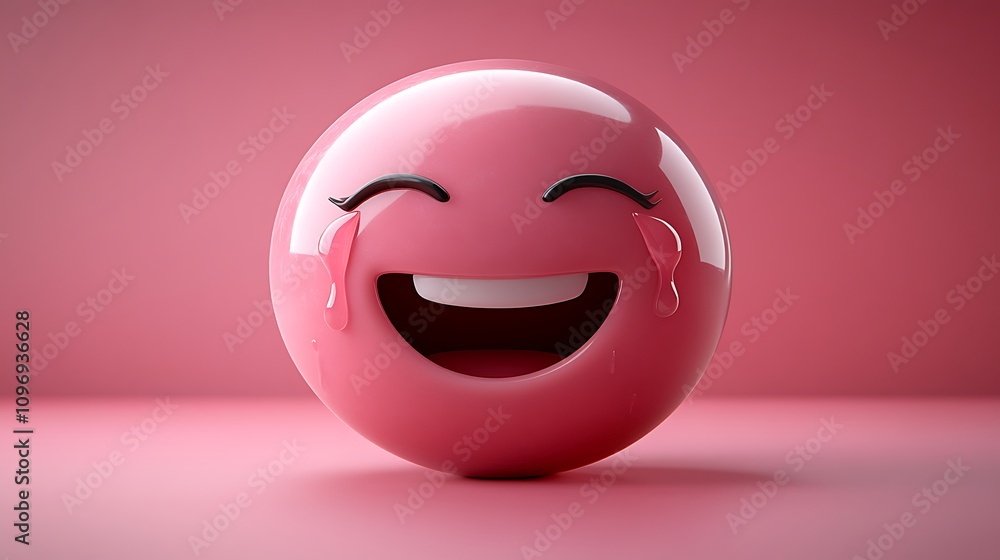 Pink emoticon laughing with tears of joy on pink background. Pink emoticon laughing with tears of joy on pink background.