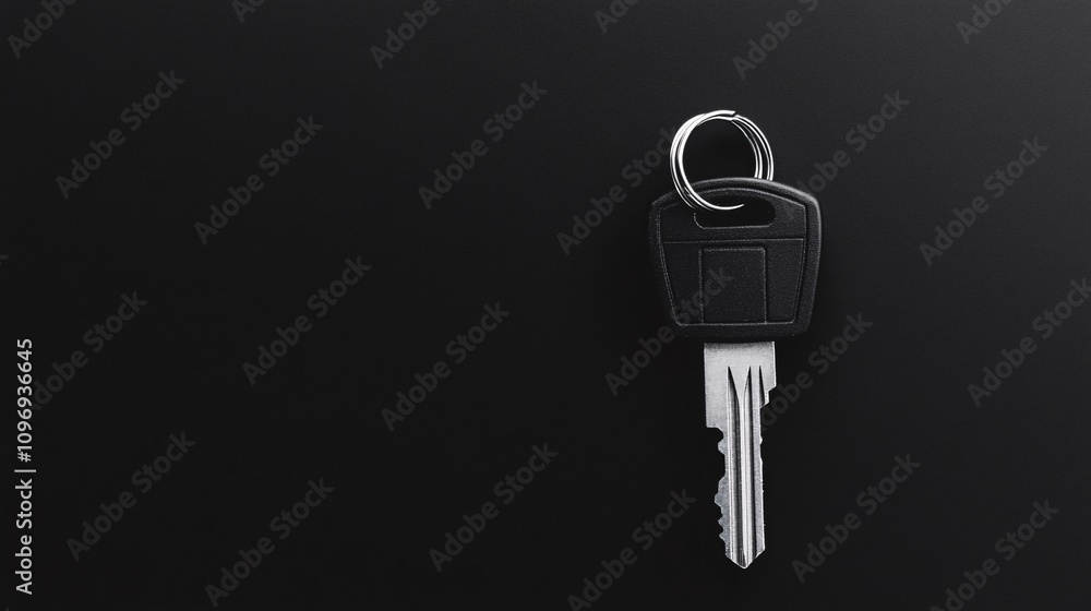 Key on a keyring on a black background Key on a keyring on a black background